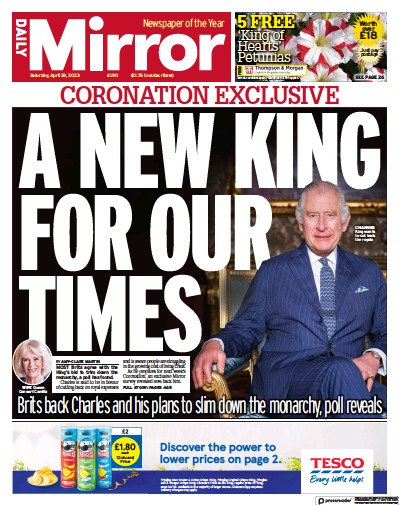 Daily Mirror Newspaper Front Page (UK) for 29 April 2023