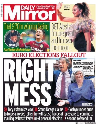 Daily Mirror Newspaper Front Page (UK) for 29 May 2019