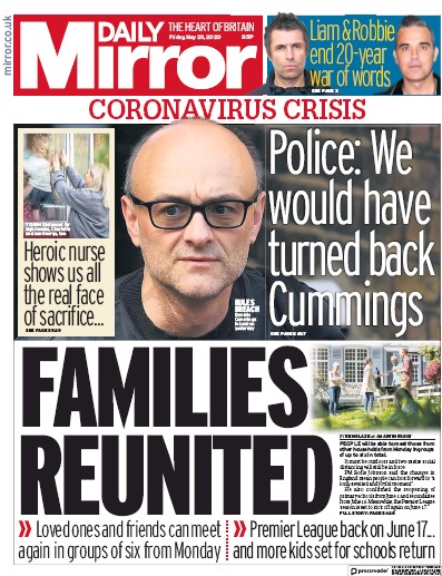 Daily Mirror Newspaper Front Page (UK) for 29 May 2020