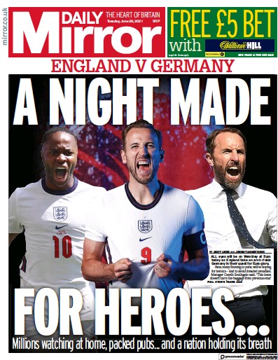 Daily Mirror Newspaper Front Page (UK) for 29 June 2021