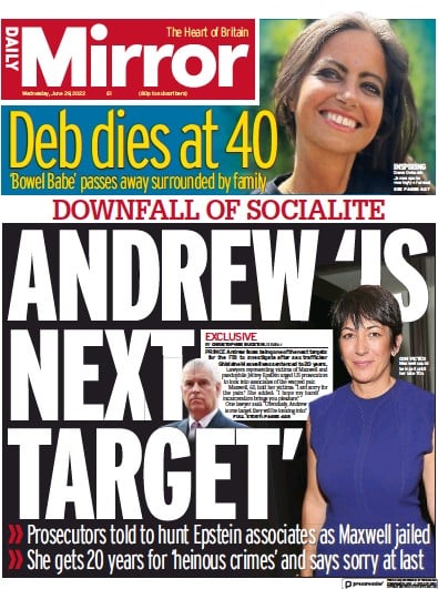 Daily Mirror Newspaper Front Page (UK) for 29 June 2022