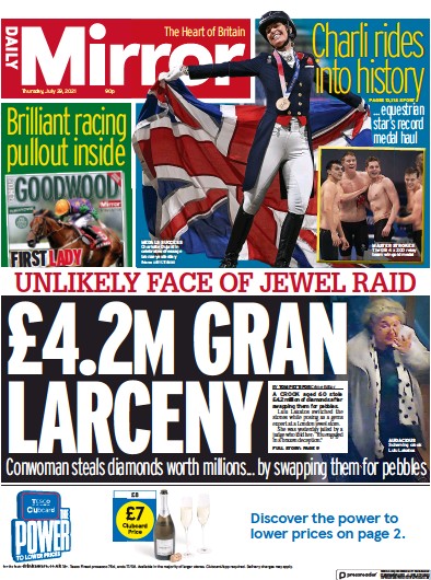 Daily Mirror Newspaper Front Page (UK) for 29 July 2021