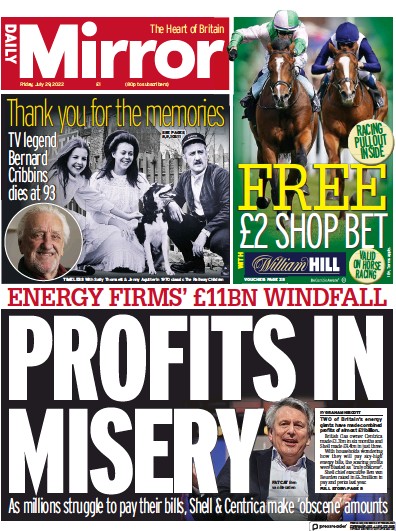 Daily Mirror Newspaper Front Page (UK) for 29 July 2022