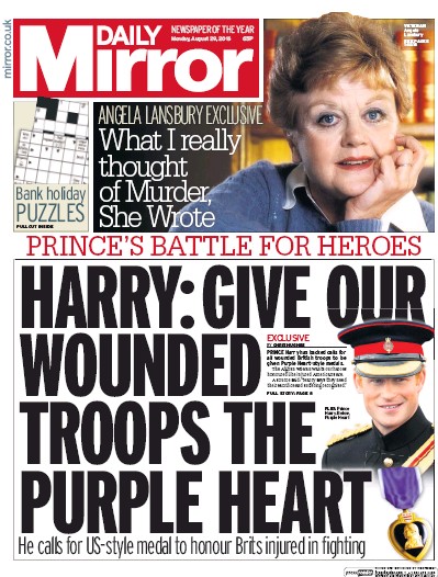 Daily Mirror Newspaper Front Page (UK) for 29 August 2016