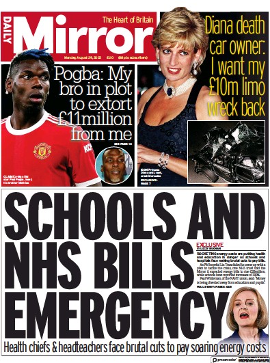 Daily Mirror Newspaper Front Page (UK) for 29 August 2022