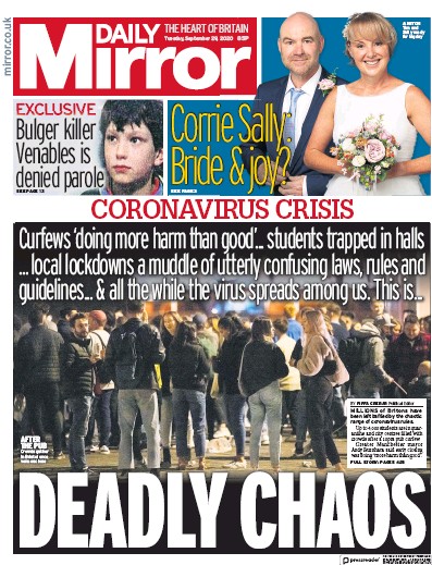 Daily Mirror Newspaper Front Page (UK) for 29 September 2020