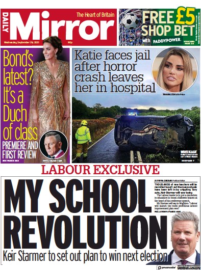 Daily Mirror Newspaper Front Page (UK) for 29 September 2021