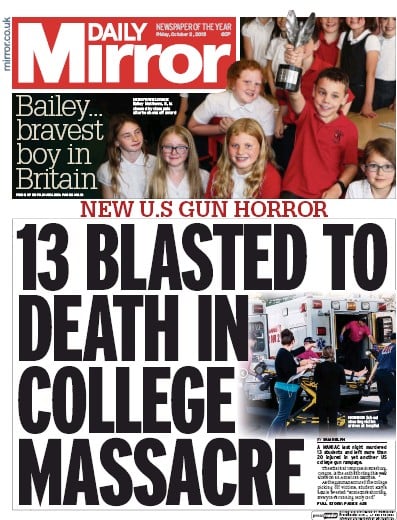 Daily Mirror Newspaper Front Page (UK) for 2 October 2015