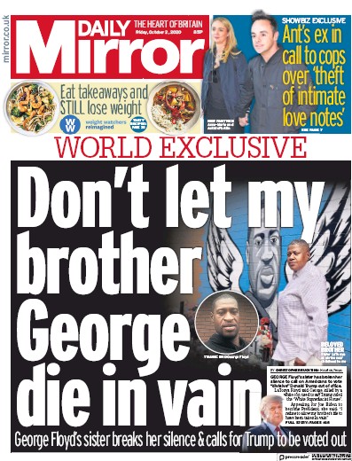 Daily Mirror Newspaper Front Page (UK) for 2 October 2020