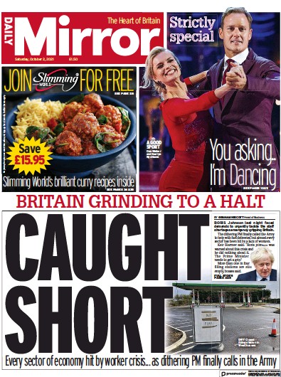 Daily Mirror Newspaper Front Page (UK) for 2 October 2021