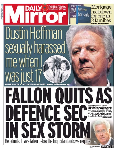 Daily Mirror Newspaper Front Page (UK) for 2 November 2017