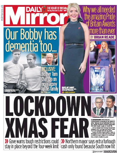 Daily Mirror Newspaper Front Page (UK) for 2 November 2020