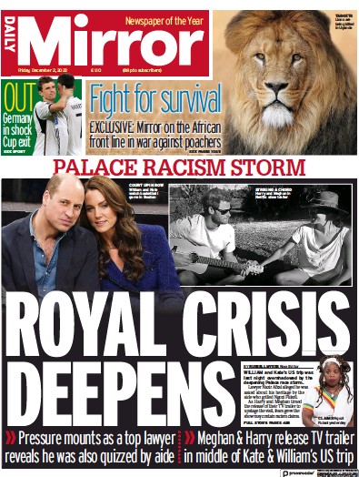 Daily Mirror Newspaper Front Page (UK) for 2 December 2022