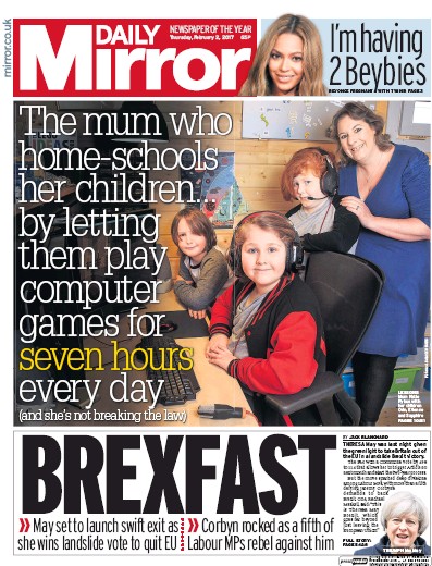 Daily Mirror Newspaper Front Page (UK) for 2 February 2017