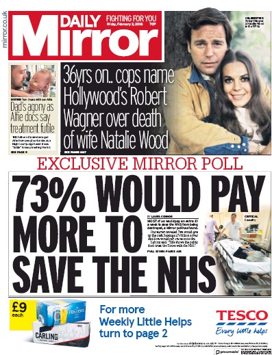 Daily Mirror Newspaper Front Page (UK) for 2 February 2018