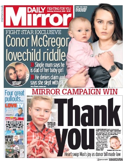 Daily Mirror Newspaper Front Page (UK) for 2 February 2019