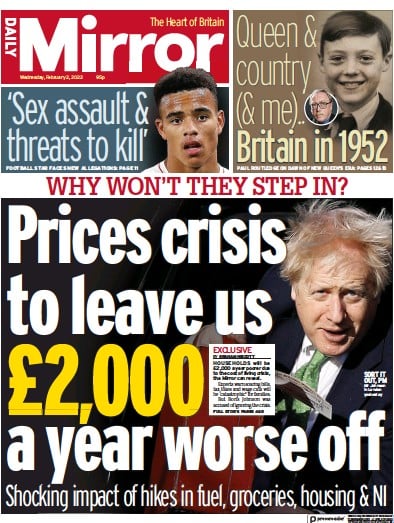 Daily Mirror Newspaper Front Page (UK) for 2 February 2022