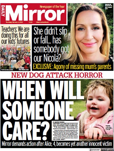 Daily Mirror Newspaper Front Page (UK) for 2 February 2023