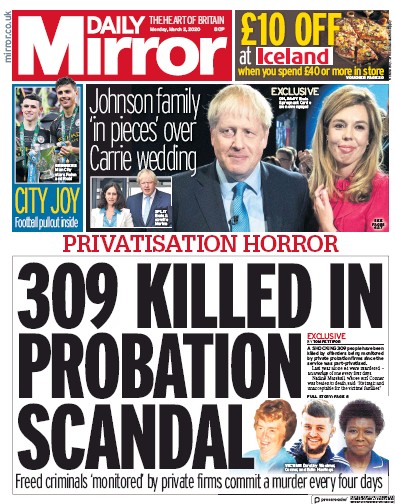 Daily Mirror Newspaper Front Page (UK) for 2 March 2020