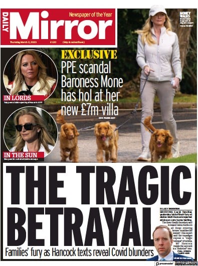 Daily Mirror Newspaper Front Page (UK) for 2 March 2023