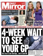 Daily Mirror (UK) Newspaper Front Page for 2 April 2014