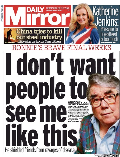 Daily Mirror Newspaper Front Page (UK) for 2 April 2016