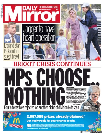 Daily Mirror Newspaper Front Page (UK) for 2 April 2019