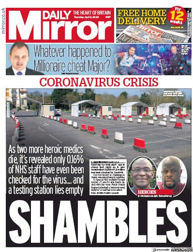 Daily Mirror Newspaper Front Page (UK) for 2 April 2020
