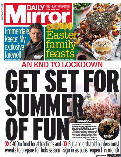Daily Mirror Newspaper Front Page (UK) for 2 April 2021