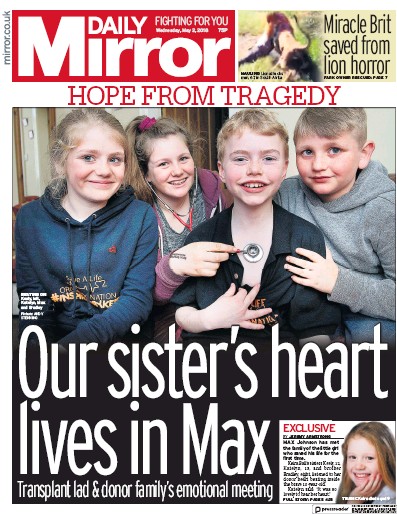 Daily Mirror Newspaper Front Page (UK) for 2 May 2018