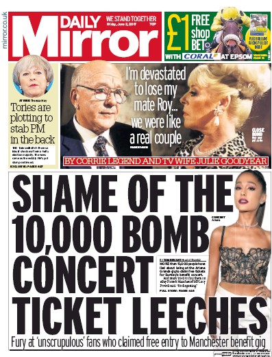 Daily Mirror Newspaper Front Page (UK) for 2 June 2017