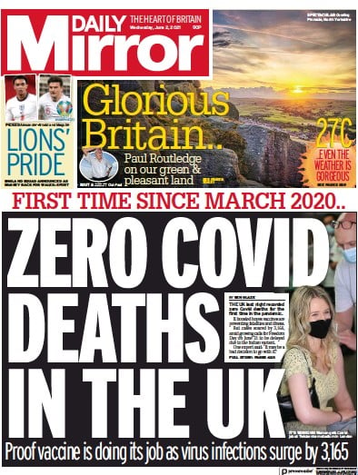 Daily Mirror Newspaper Front Page (UK) for 2 June 2021