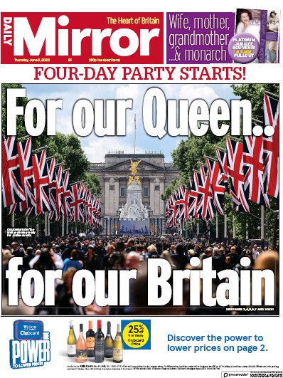 Daily Mirror Newspaper Front Page (UK) for 2 June 2022