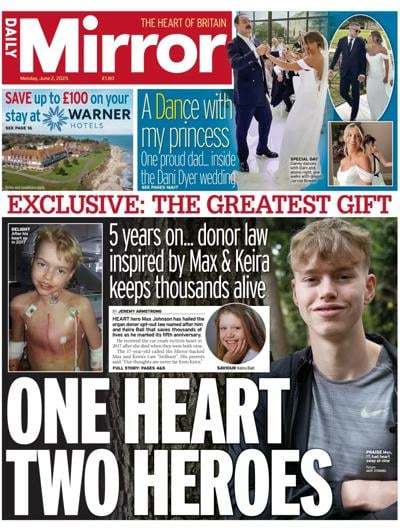 Daily Mirror Newspaper Front Page (UK) for 2 June 2025