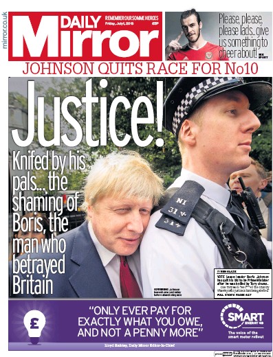 Daily Mirror Newspaper Front Page (UK) for 2 July 2016
