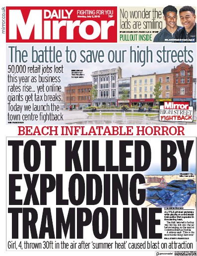 Daily Mirror Newspaper Front Page (UK) for 2 July 2018
