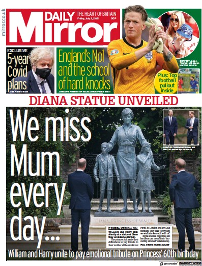 Daily Mirror Newspaper Front Page (UK) for 2 July 2021