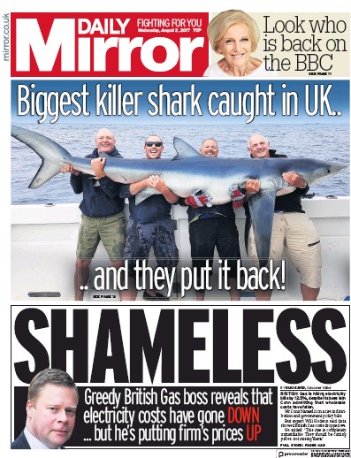 Daily Mirror Newspaper Front Page (UK) for 2 August 2017