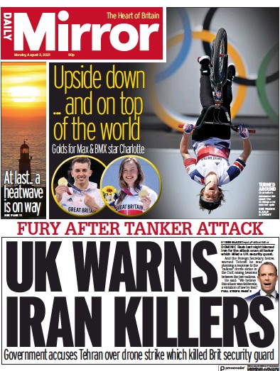 Daily Mirror Newspaper Front Page (UK) for 2 August 2021