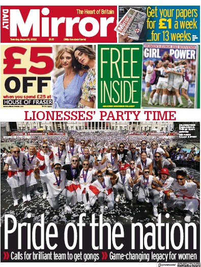 Daily Mirror Newspaper Front Page (UK) for 2 August 2022