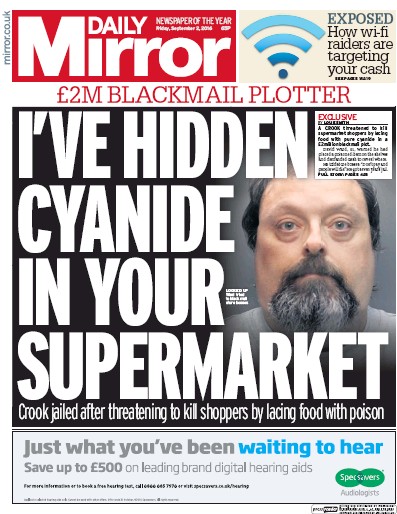 Daily Mirror Newspaper Front Page (UK) for 2 September 2016
