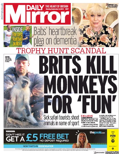 Daily Mirror Newspaper Front Page (UK) for 2 September 2019