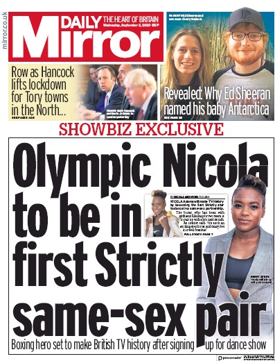 Daily Mirror Newspaper Front Page (UK) for 2 September 2020