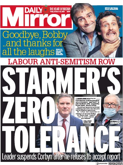 Daily Mirror Newspaper Front Page (UK) for 30 October 2020