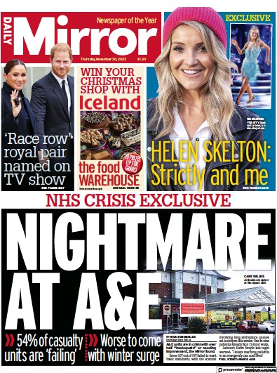 Daily Mirror Newspaper Front Page (UK) for 30 November 2023