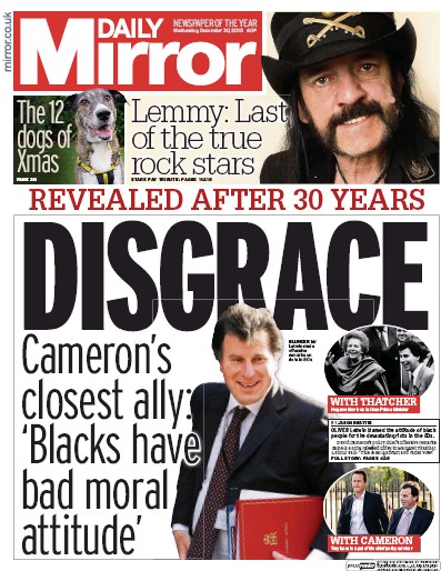 Daily Mirror Newspaper Front Page (UK) for 30 December 2015