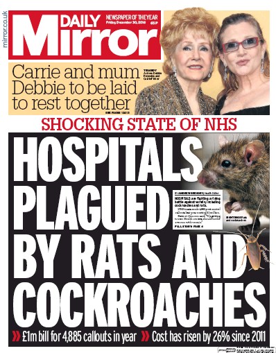 Daily Mirror Newspaper Front Page (UK) for 30 December 2016