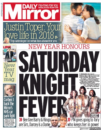 Daily Mirror Newspaper Front Page (UK) for 30 December 2017