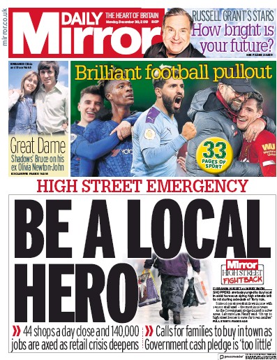Daily Mirror Newspaper Front Page (UK) for 30 December 2019