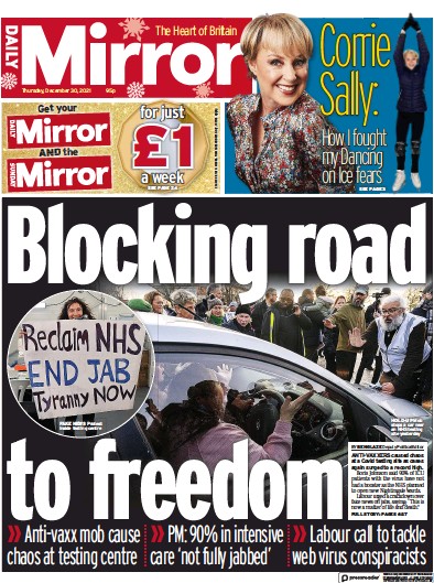 Daily Mirror Newspaper Front Page (UK) for 30 December 2021